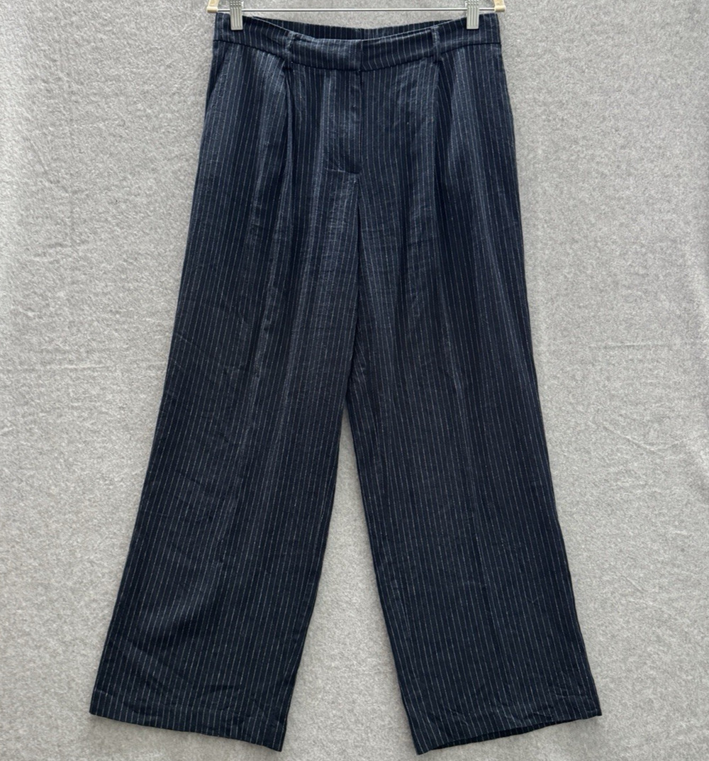 Rachel Zoe Linen Blend Wide Leg Pinstripe Trousers Sz 8 Navy Pleated Minimalist